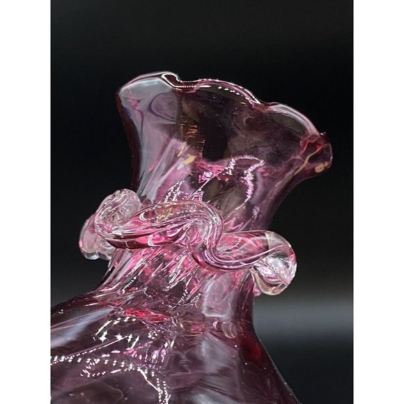 Hand Blown Pink Applied Clear Decoration Ribbon Swirl Glass Vase 4.5” - Picture 6 of 8